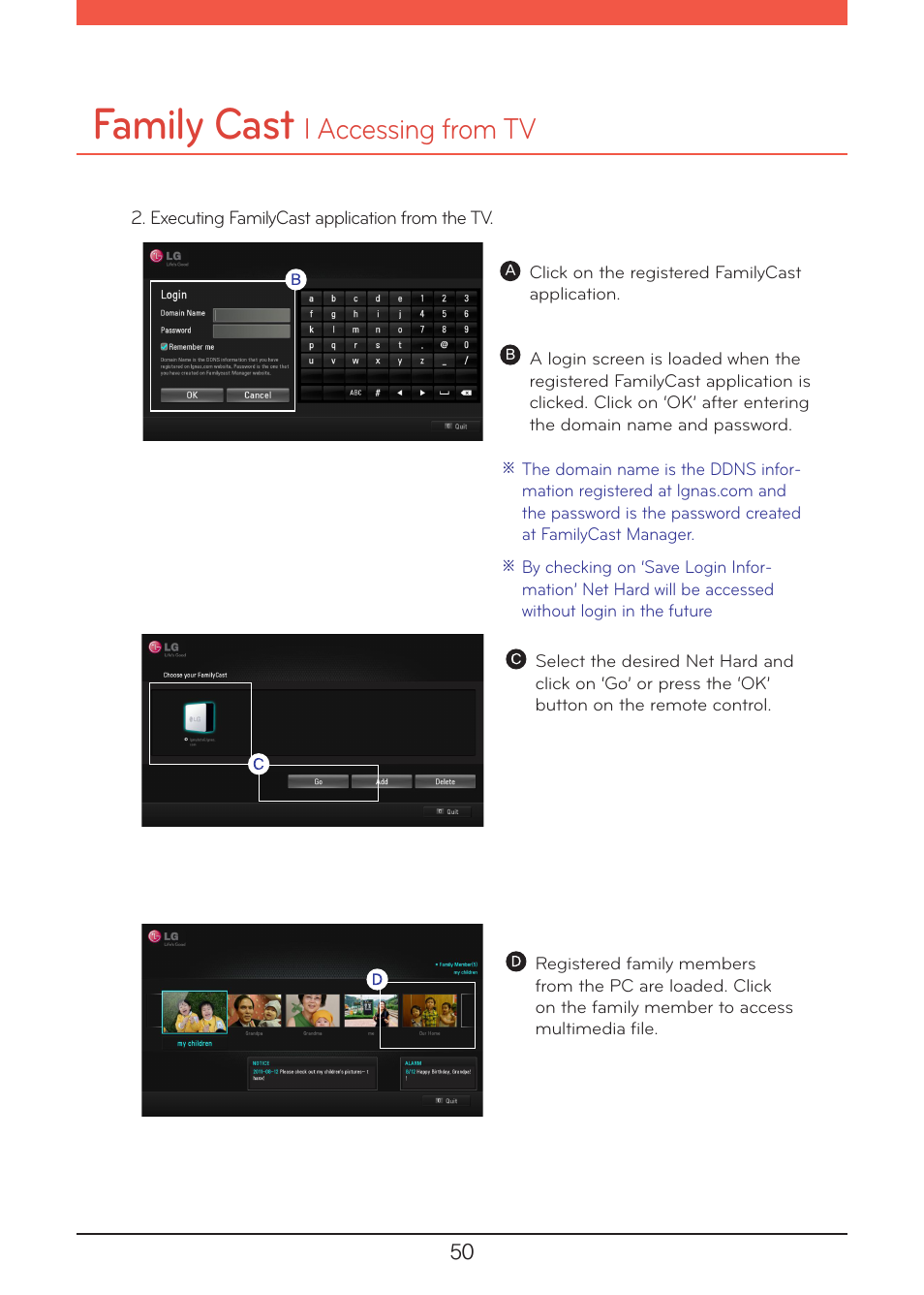 Family cast, L accessing from tv | LG N1A1DD1 User Manual | Page 50 / 103