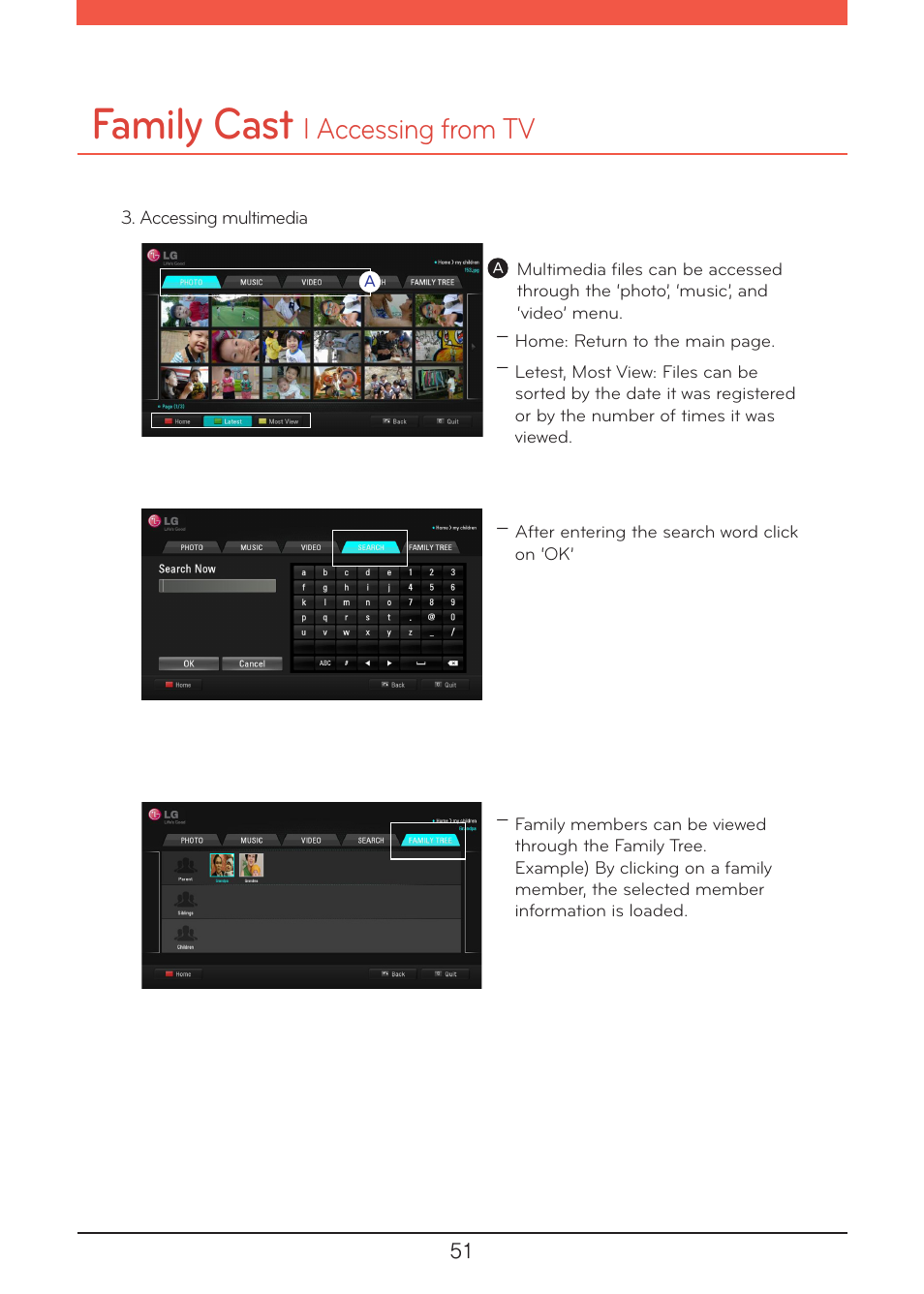Family cast, L accessing from tv | LG N1A1DD1 User Manual | Page 51 / 103