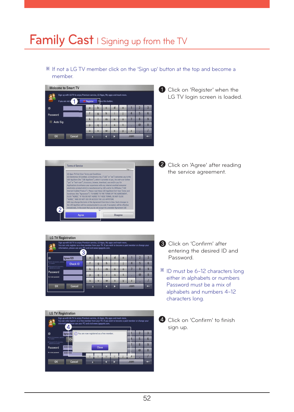 Signing up from the tv, Family cast, L signing up from the tv | LG N1A1DD1 User Manual | Page 52 / 103