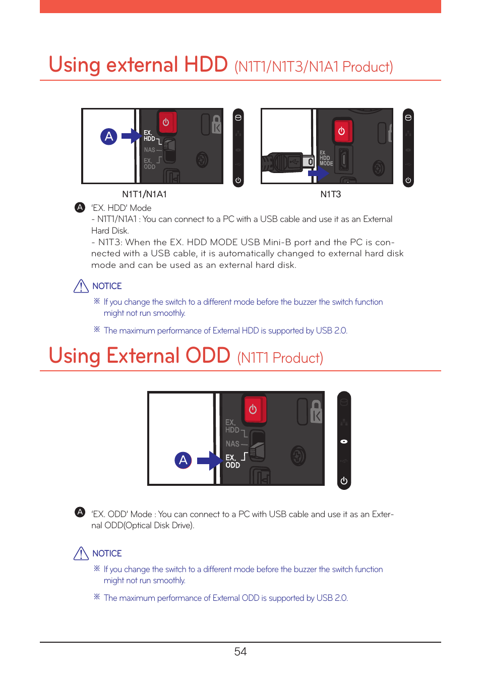 Using external hdd (n1t1/n1t3/n1a1 product), Using external odd (n1t1 product), Using external hdd | Using external odd, N1t1 product) | LG N1A1DD1 User Manual | Page 54 / 103