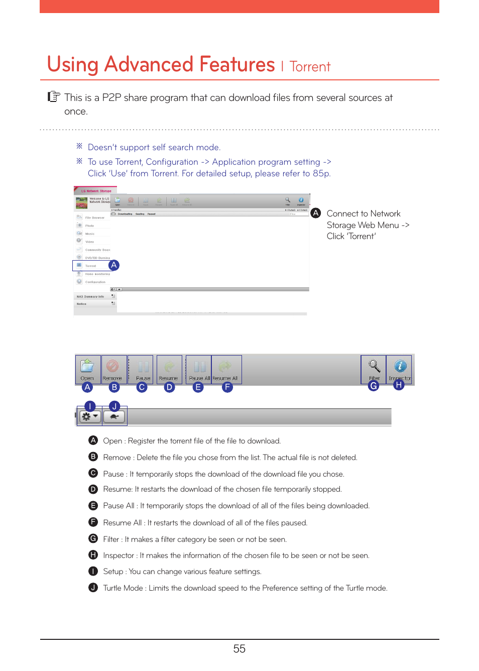 Using advanced features, Torrent | LG N1A1DD1 User Manual | Page 55 / 103