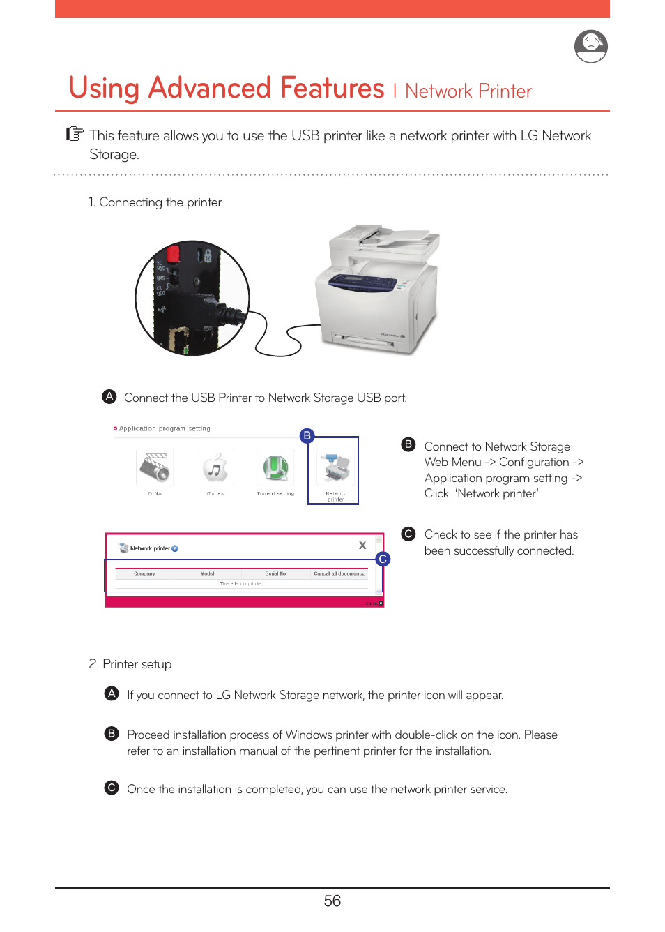 Network printer, Using advanced features | LG N1A1DD1 User Manual | Page 56 / 103
