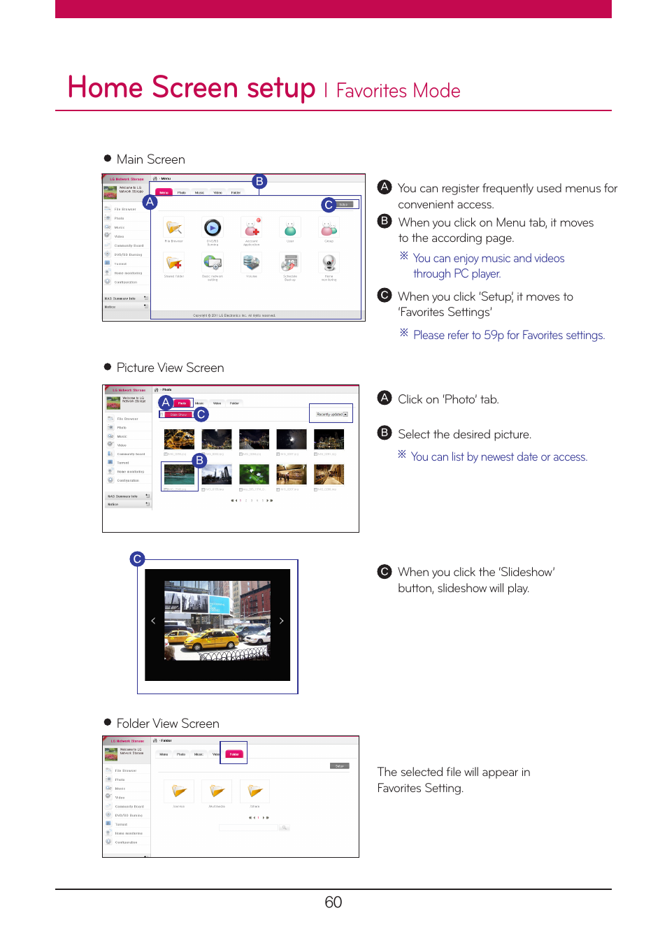 Favorites mode, Home screen setup | LG N1A1DD1 User Manual | Page 60 / 103