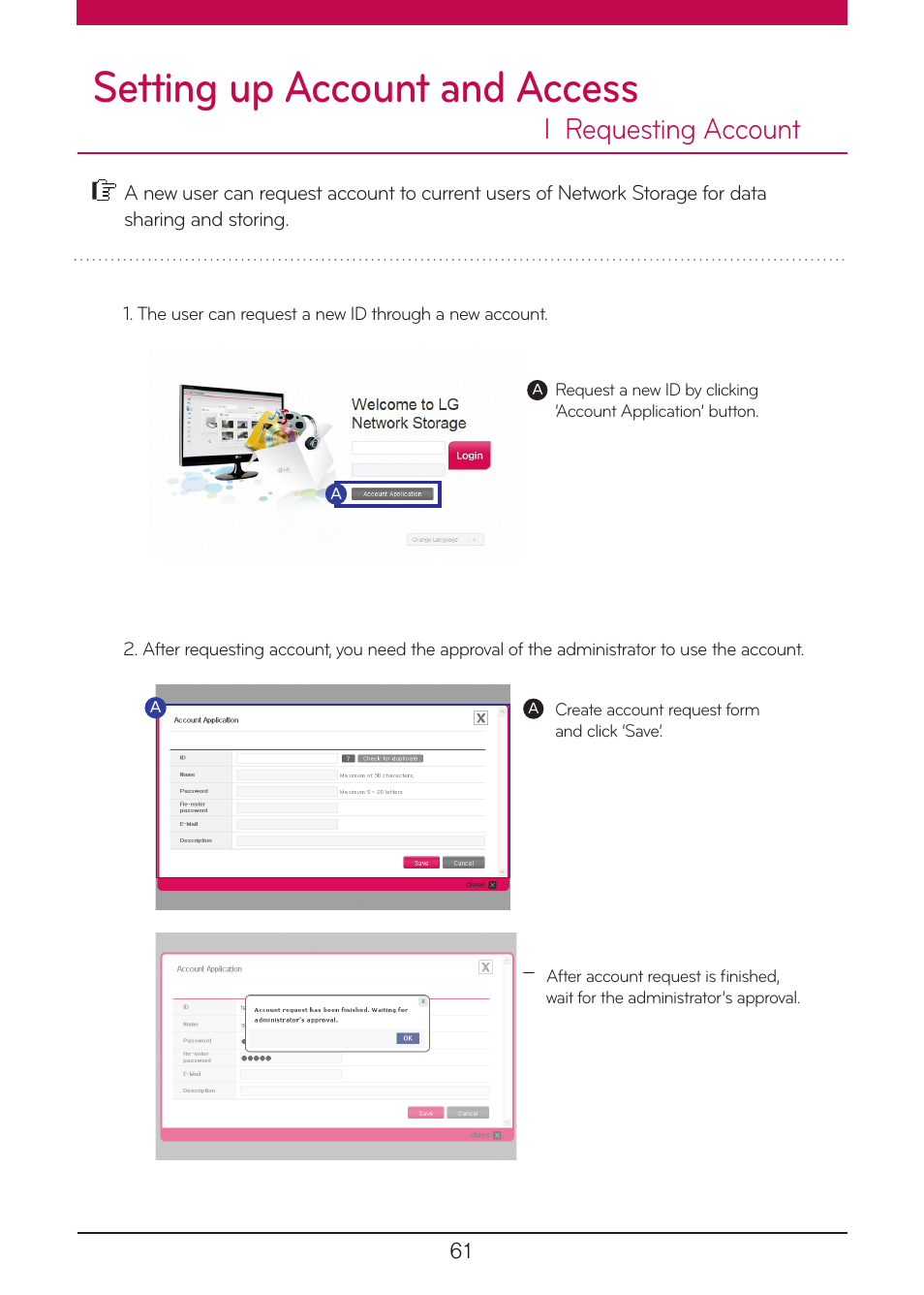 Setting up account and access, L requesting account | LG N1A1DD1 User Manual | Page 61 / 103