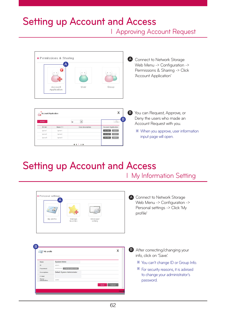 Approving account request, My information setting, Setting up account and access | L approving account request, L my information setting | LG N1A1DD1 User Manual | Page 62 / 103