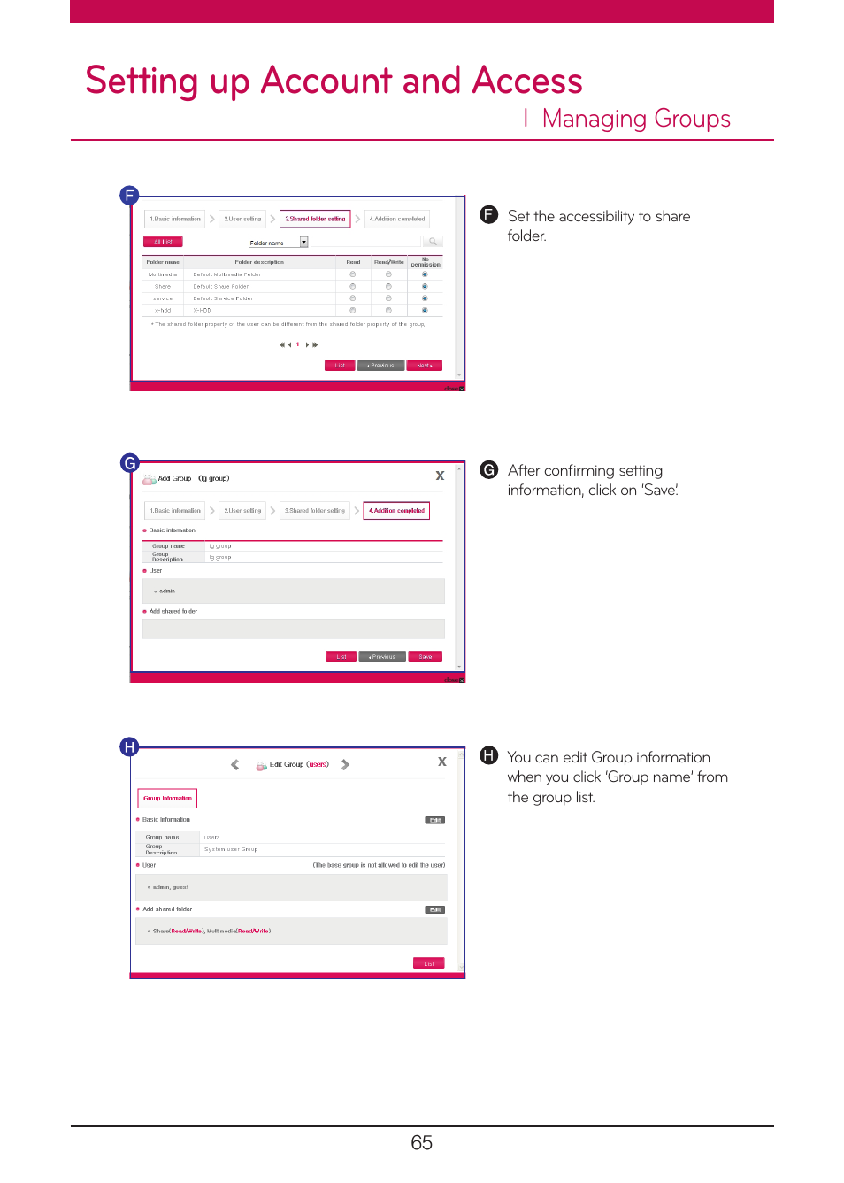 Setting up account and access, L managing groups | LG N1A1DD1 User Manual | Page 65 / 103
