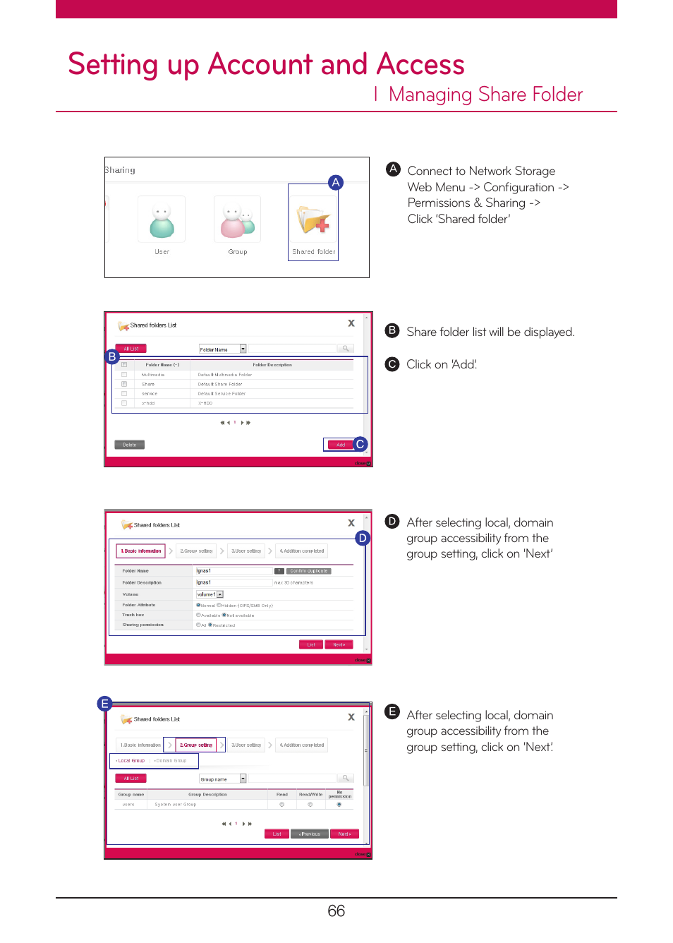 Managing share folder, Setting up account and access, L managing share folder | LG N1A1DD1 User Manual | Page 66 / 103