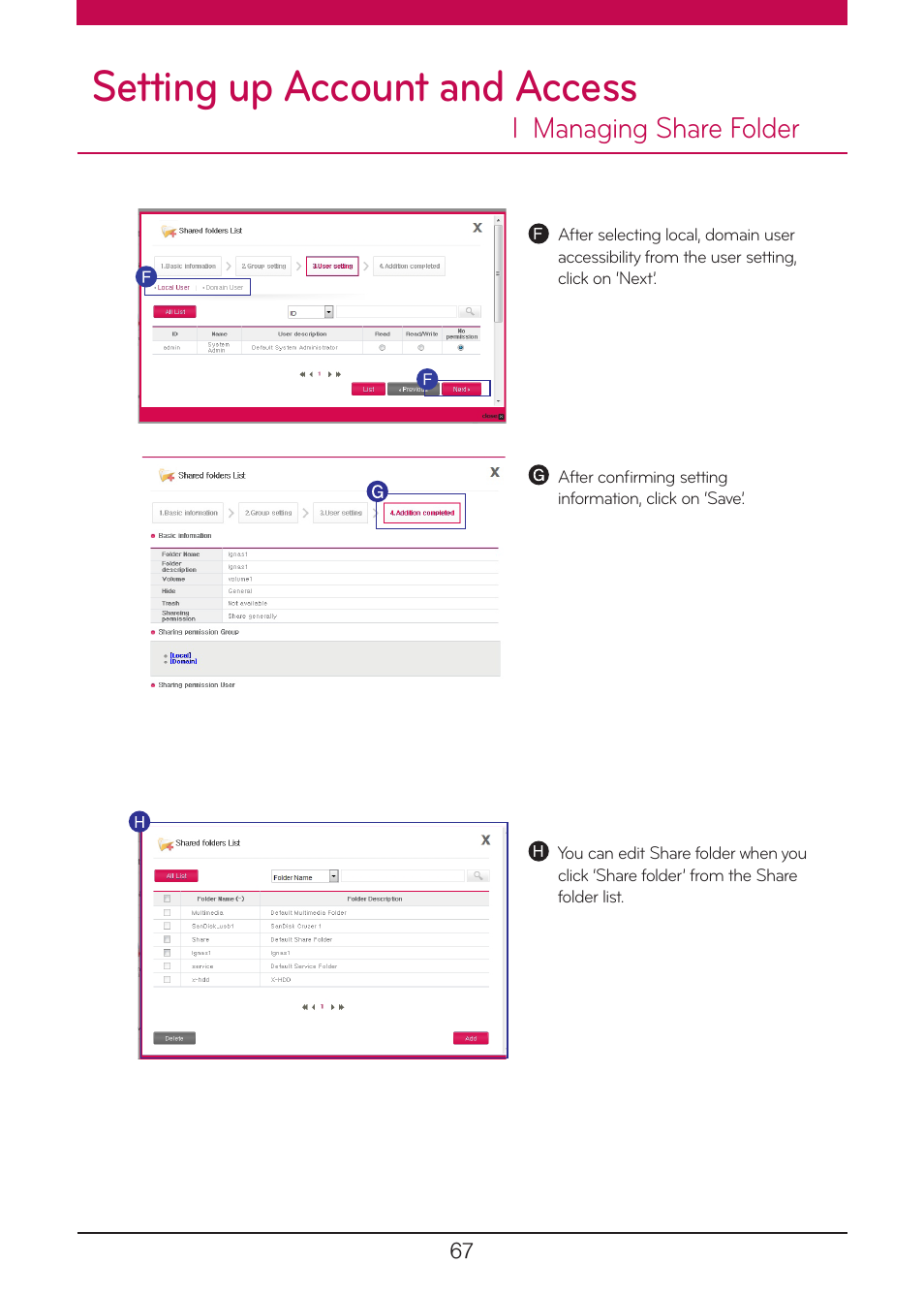 Setting up account and access, L managing share folder | LG N1A1DD1 User Manual | Page 67 / 103