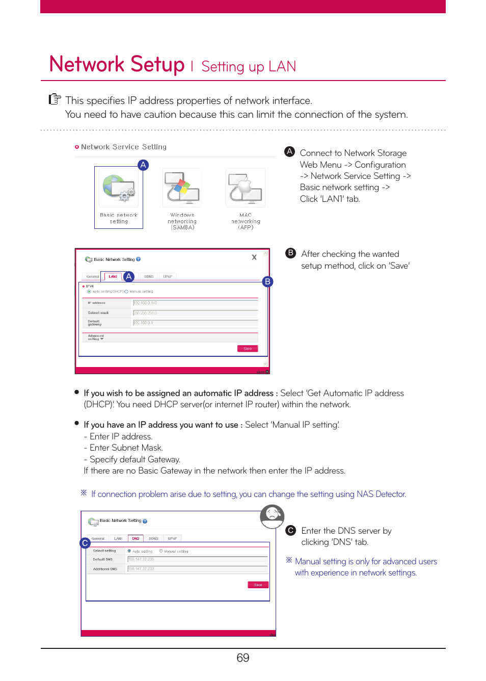 Setting up lan, Network setup, L setting up lan | LG N1A1DD1 User Manual | Page 69 / 103