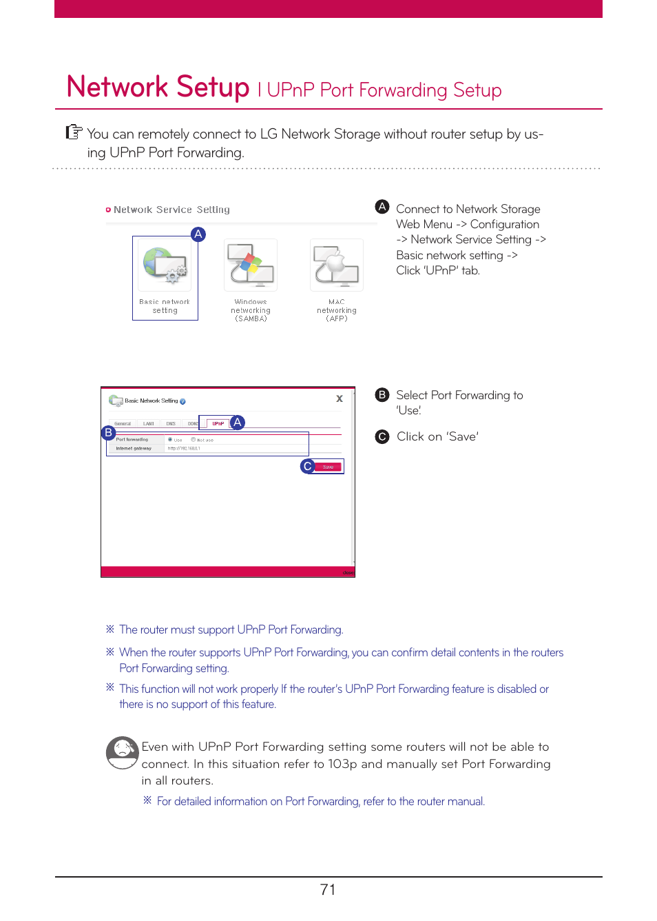Upnp port forwarding setup, Network setup, L upnp port forwarding setup | LG N1A1DD1 User Manual | Page 71 / 103