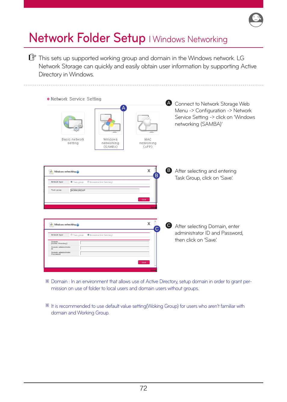 Network folder setup, Windows networking, L windows networking | LG N1A1DD1 User Manual | Page 72 / 103