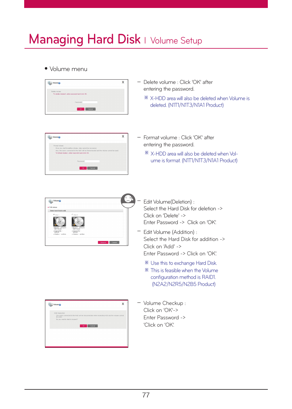 Managing hard disk, L volume setup | LG N1A1DD1 User Manual | Page 77 / 103
