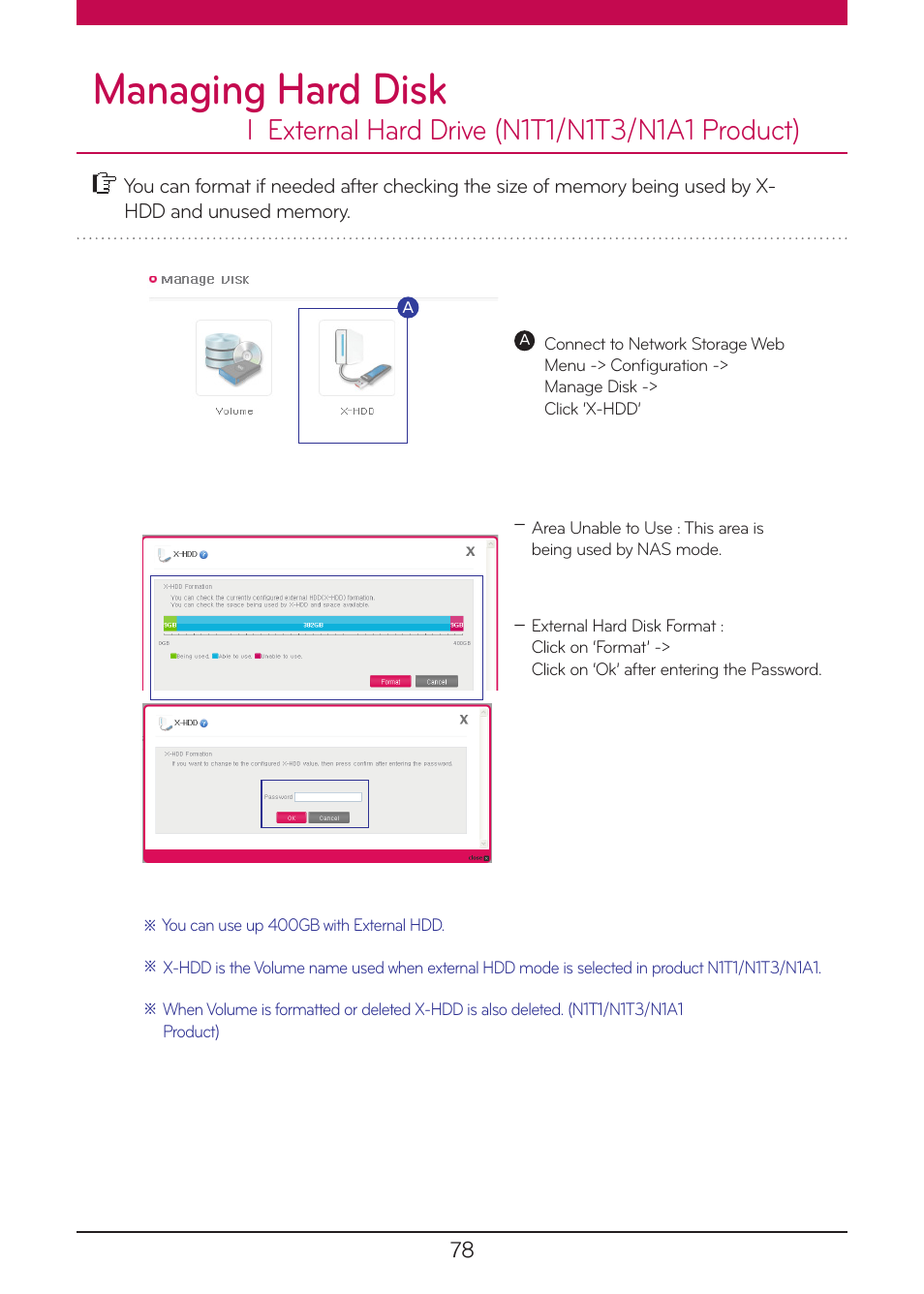 External hard drive (n1t1/n1t3/n1a1 product), Managing hard disk | LG N1A1DD1 User Manual | Page 78 / 103