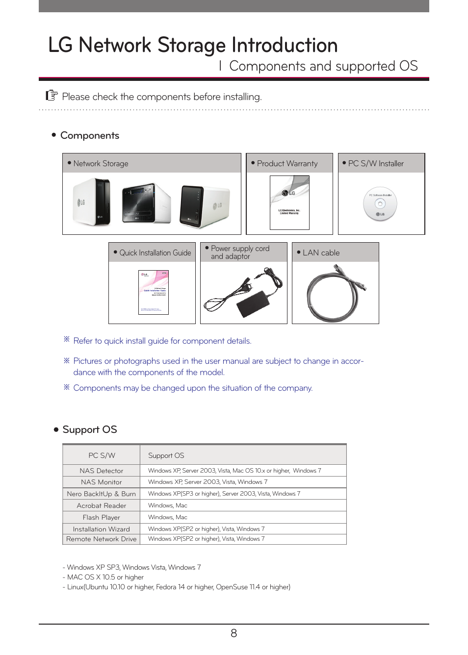 Lg network storage introduction, Components and supported os, L components and supported os | 8please check the components before installing, Support os components | LG N1A1DD1 User Manual | Page 8 / 103
