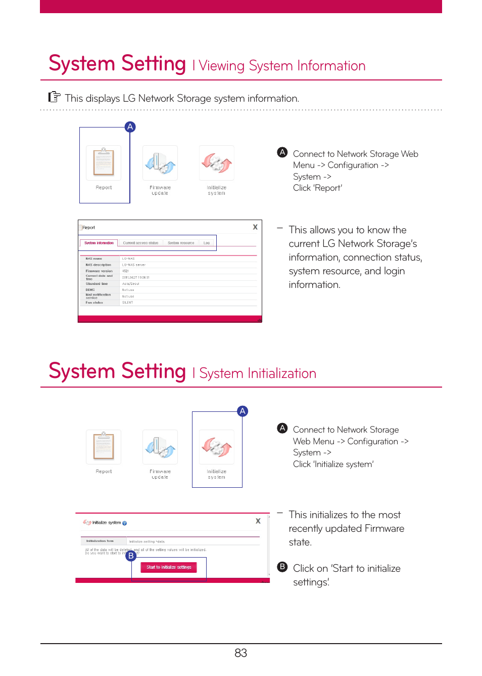 Viewing system information, System initialization, System setting | L viewing system information, L system initialization | LG N1A1DD1 User Manual | Page 83 / 103