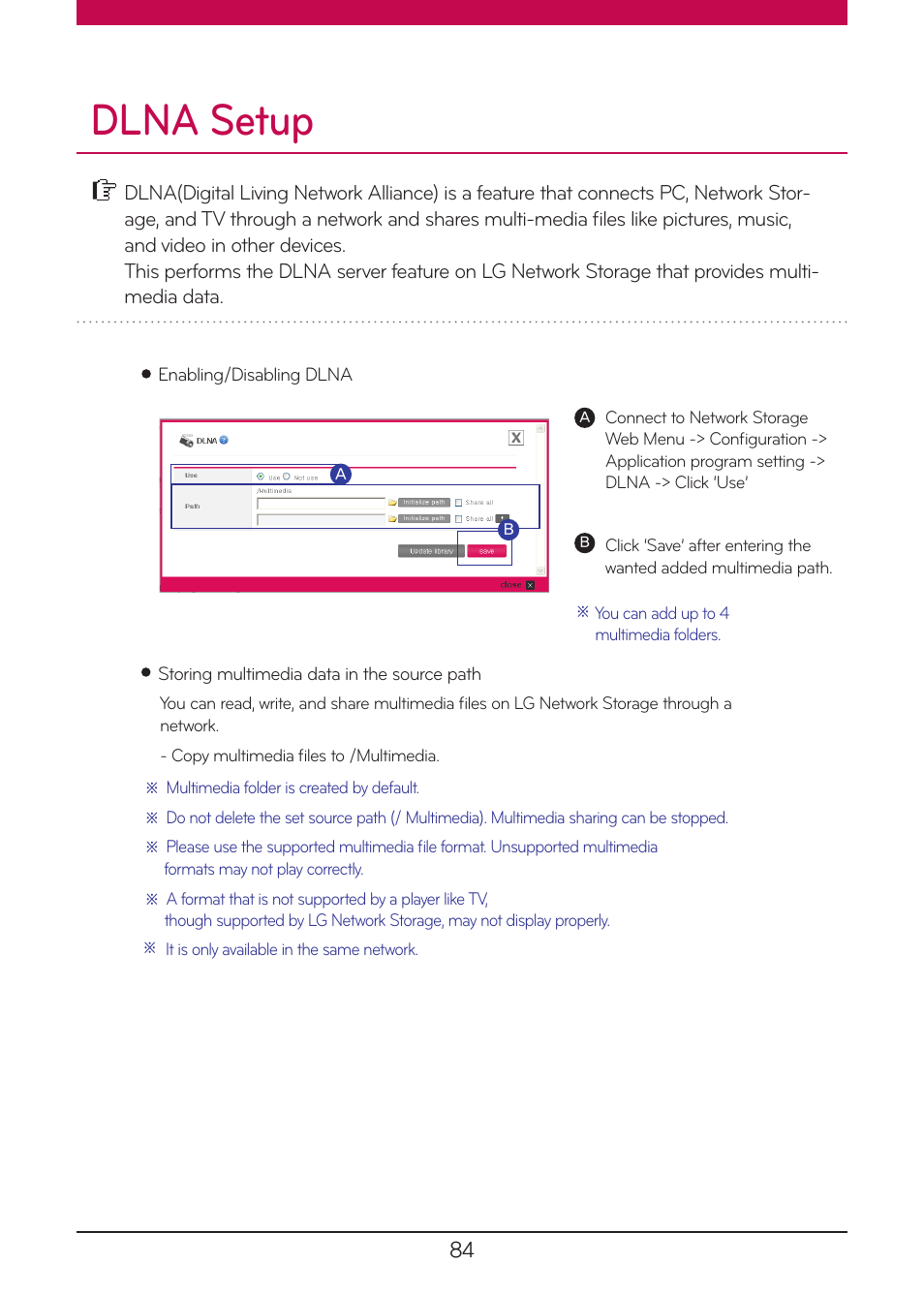 Dlna setup | LG N1A1DD1 User Manual | Page 84 / 103