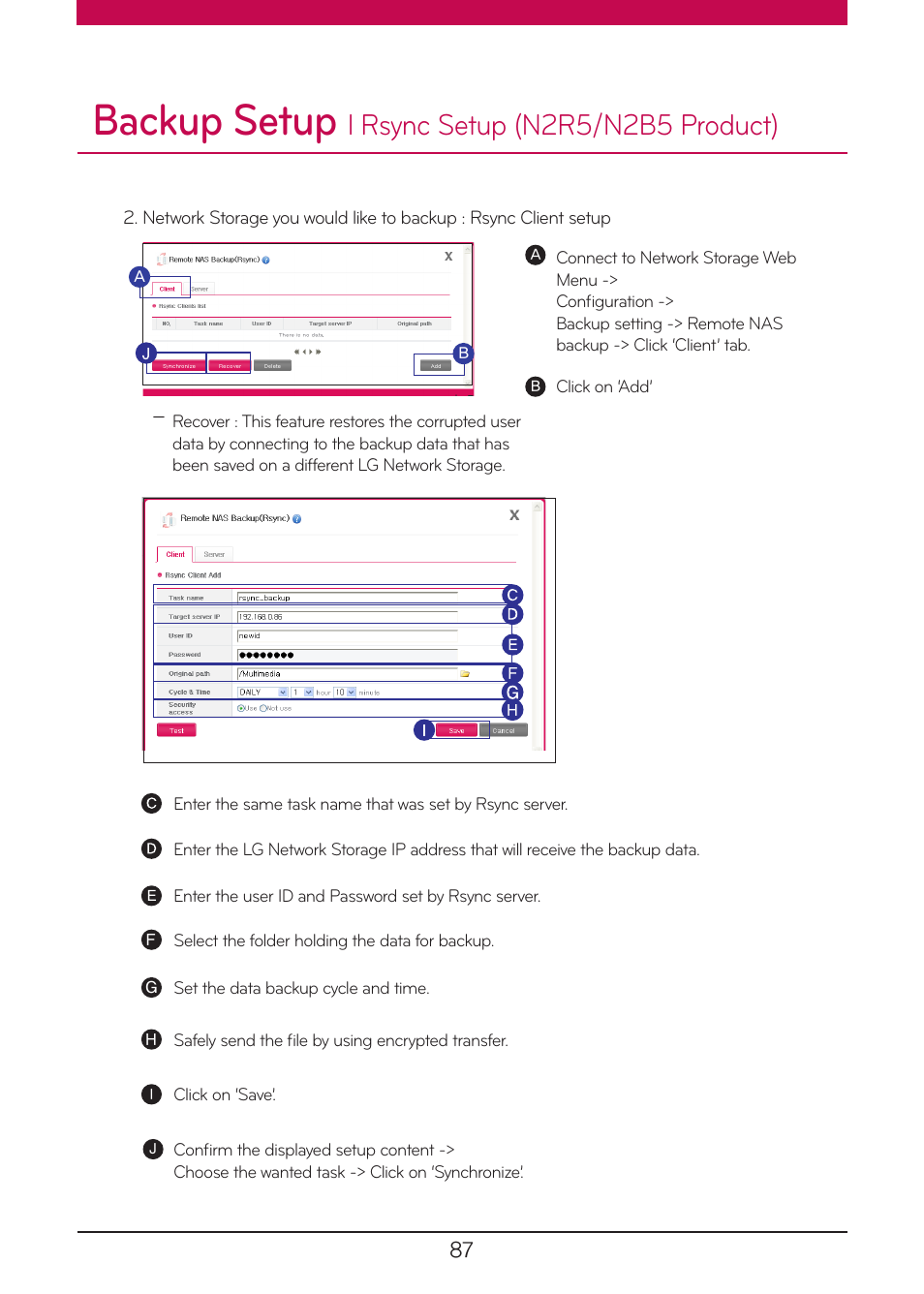 Backup setup, L rsync setup (n2r5/n2b5 product) | LG N1A1DD1 User Manual | Page 87 / 103