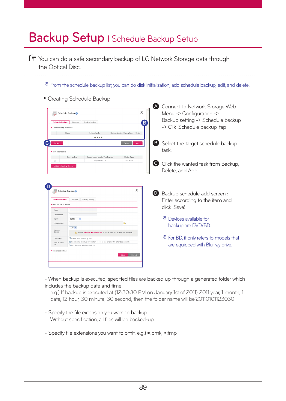 Schedule backup setup, Backup setup, L schedule backup setup | LG N1A1DD1 User Manual | Page 89 / 103
