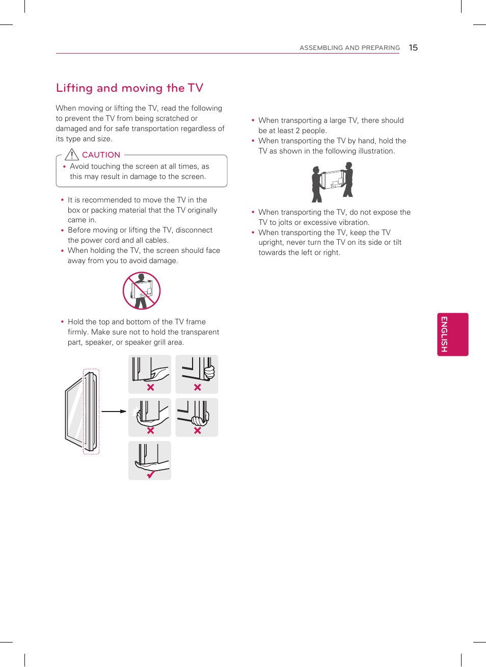 Lifting and moving the tv | LG 47LS5750 User Manual | Page 15 / 40