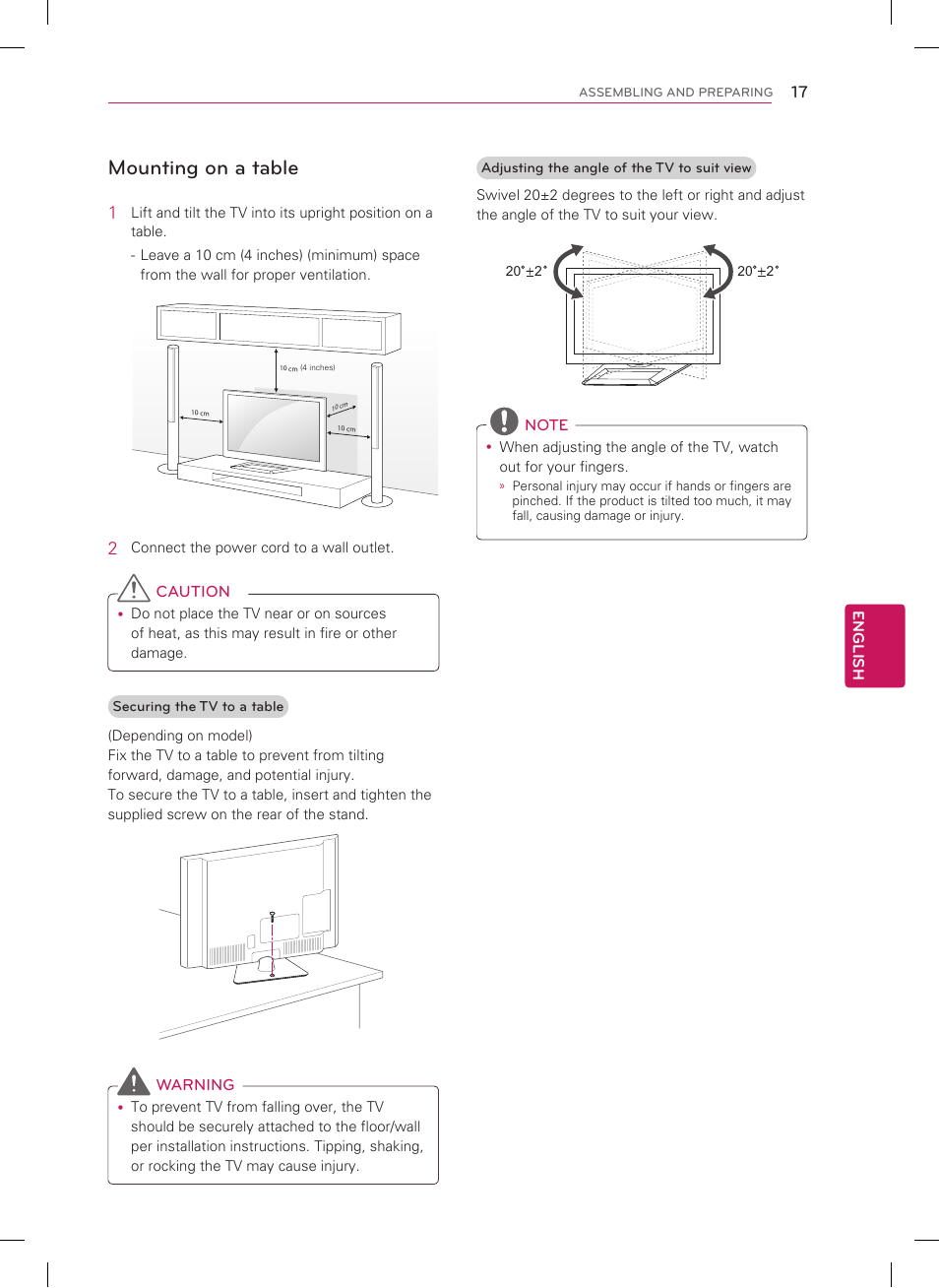 Mounting on a table | LG 47LS5750 User Manual | Page 17 / 40