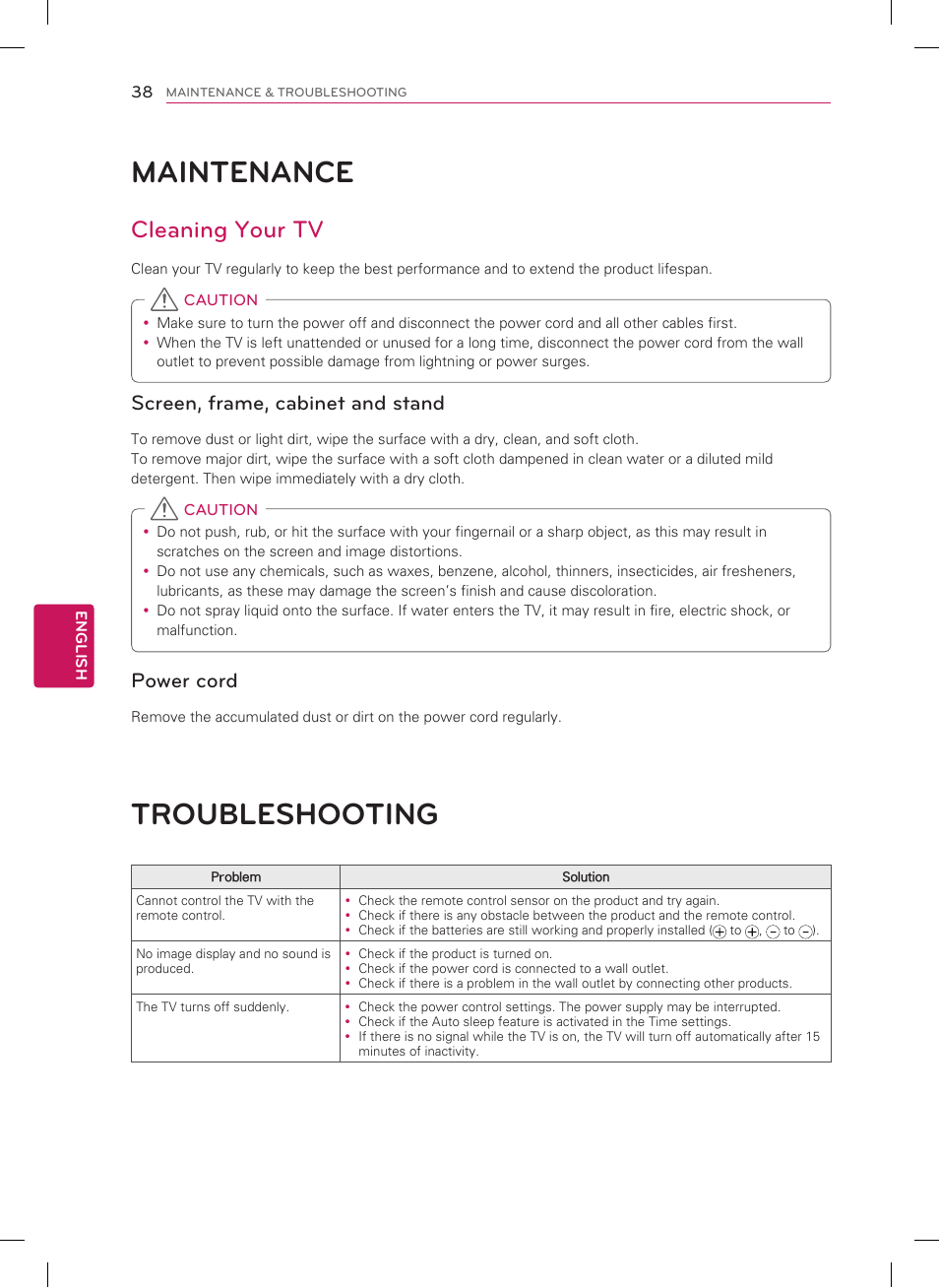 Maintenance, Troubleshooting, Cleaning your tv | Screen, frame, cabinet and stand, Power cord | LG 47LS5750 User Manual | Page 38 / 40