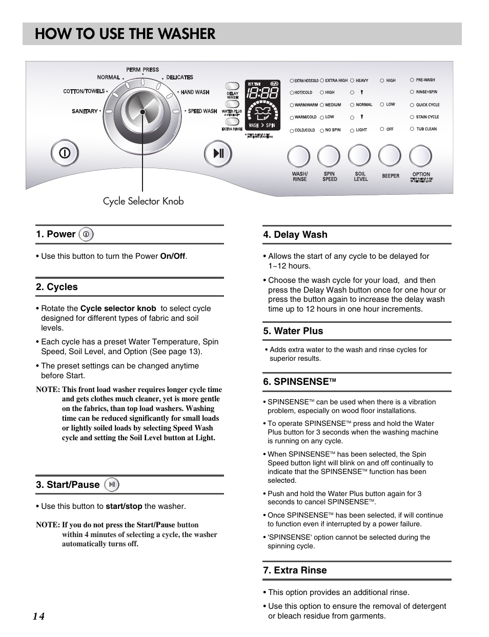 How to use the washer, Cycles, Power | Start/pause, Delay wash, Water plus, Extra rinse, Spinsense, Cycle selector knob | LG WM2233HS User Manual | Page 15 / 48