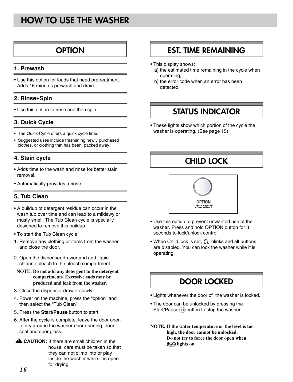 How to use the washer, Child lock door locked, Status indicator | Est. time remaining, Option | LG WM2233HS User Manual | Page 17 / 48