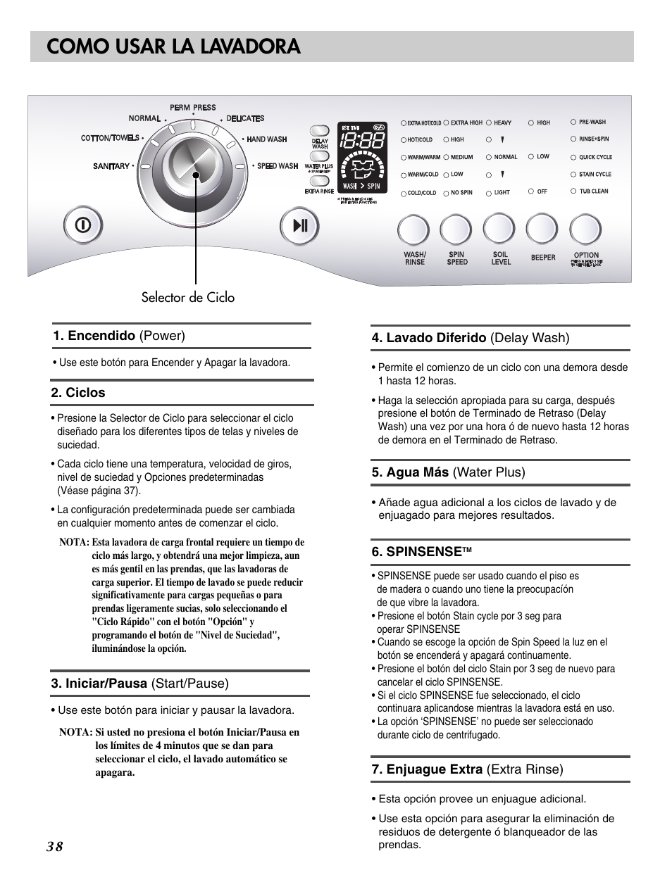 Como usar la lavadora | LG WM2233HS User Manual | Page 39 / 48