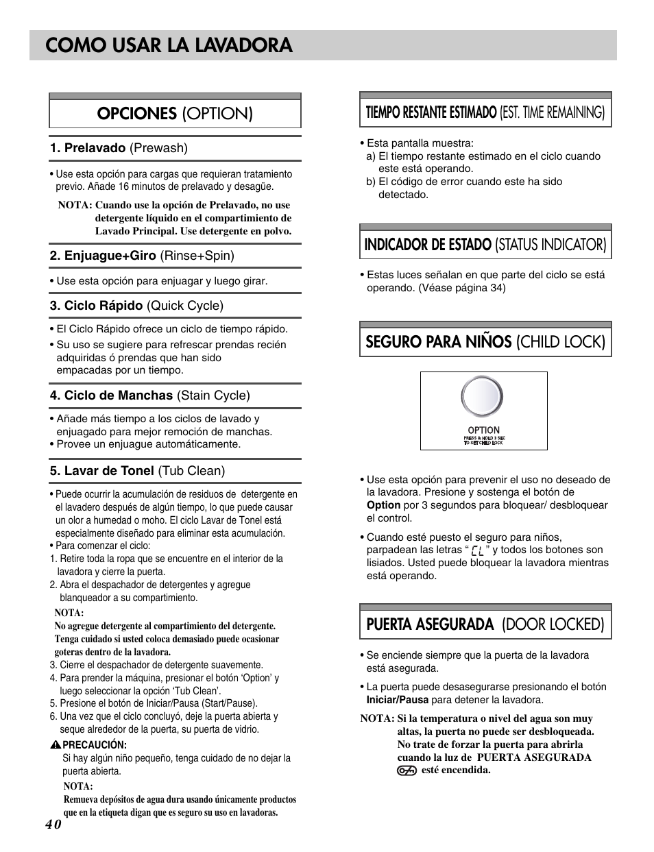 Como usar la lavadora, Tiempo restante estimado (est. time remaining), Indicador de estado (status indicator) | LG WM2233HS User Manual | Page 41 / 48
