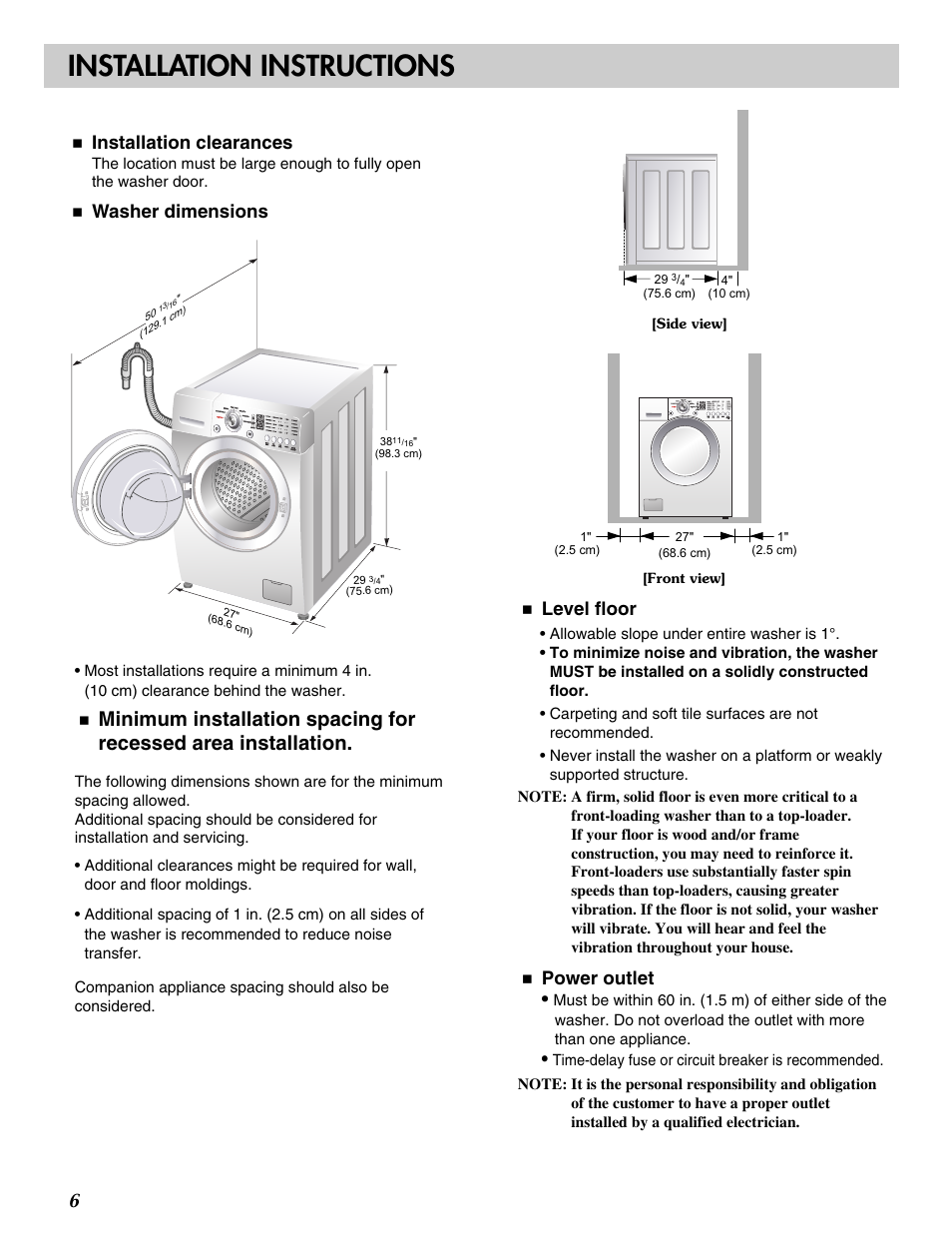 Installation instructions, Installation clearances, Washer dimensions | Level floor, Power outlet | LG WM2233HS User Manual | Page 7 / 48