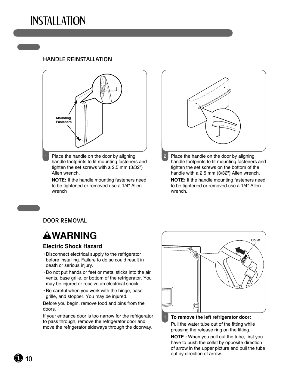 Wwarning, 10 handle removal, Door and drawer removal | LG LFX25971ST User Manual | Page 10 / 44