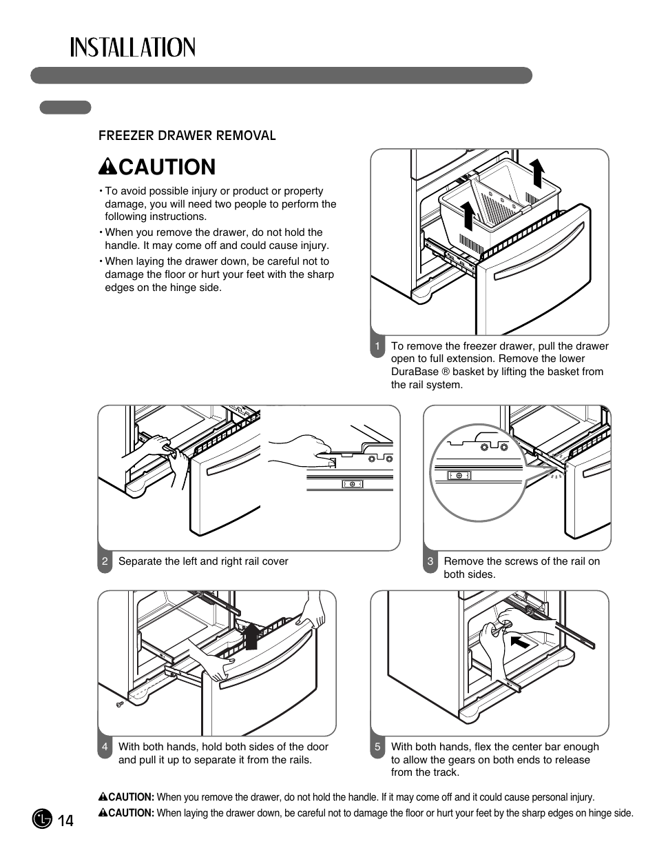 Wcaution, 14 door and drawer removal | LG LFX25971ST User Manual | Page 14 / 44