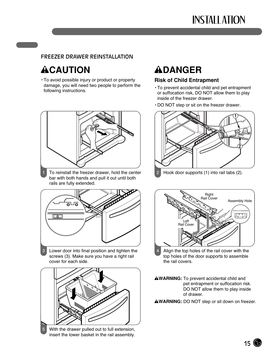 Wcaution, Wdanger, 15 door and drawer removal | LG LFX25971ST User Manual | Page 15 / 44