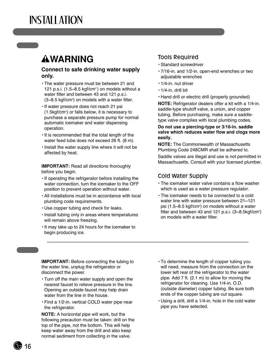 Wwarning, 16 connecting the water supply, Connecting the water lines | LG LFX25971ST User Manual | Page 16 / 44