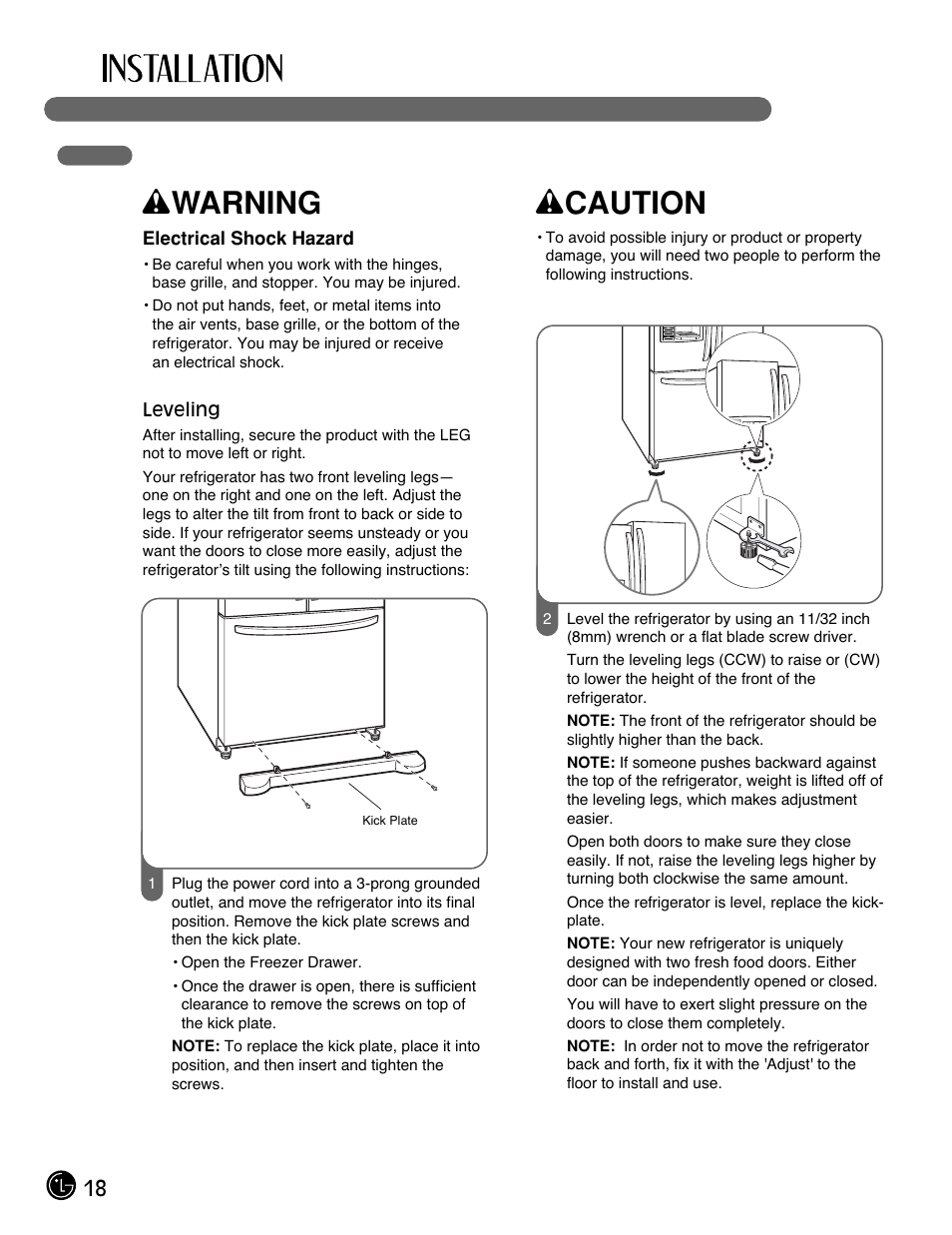 Wwarning, Wcaution, 18 leveling the refrigerator doors | LG LFX25971ST User Manual | Page 18 / 44