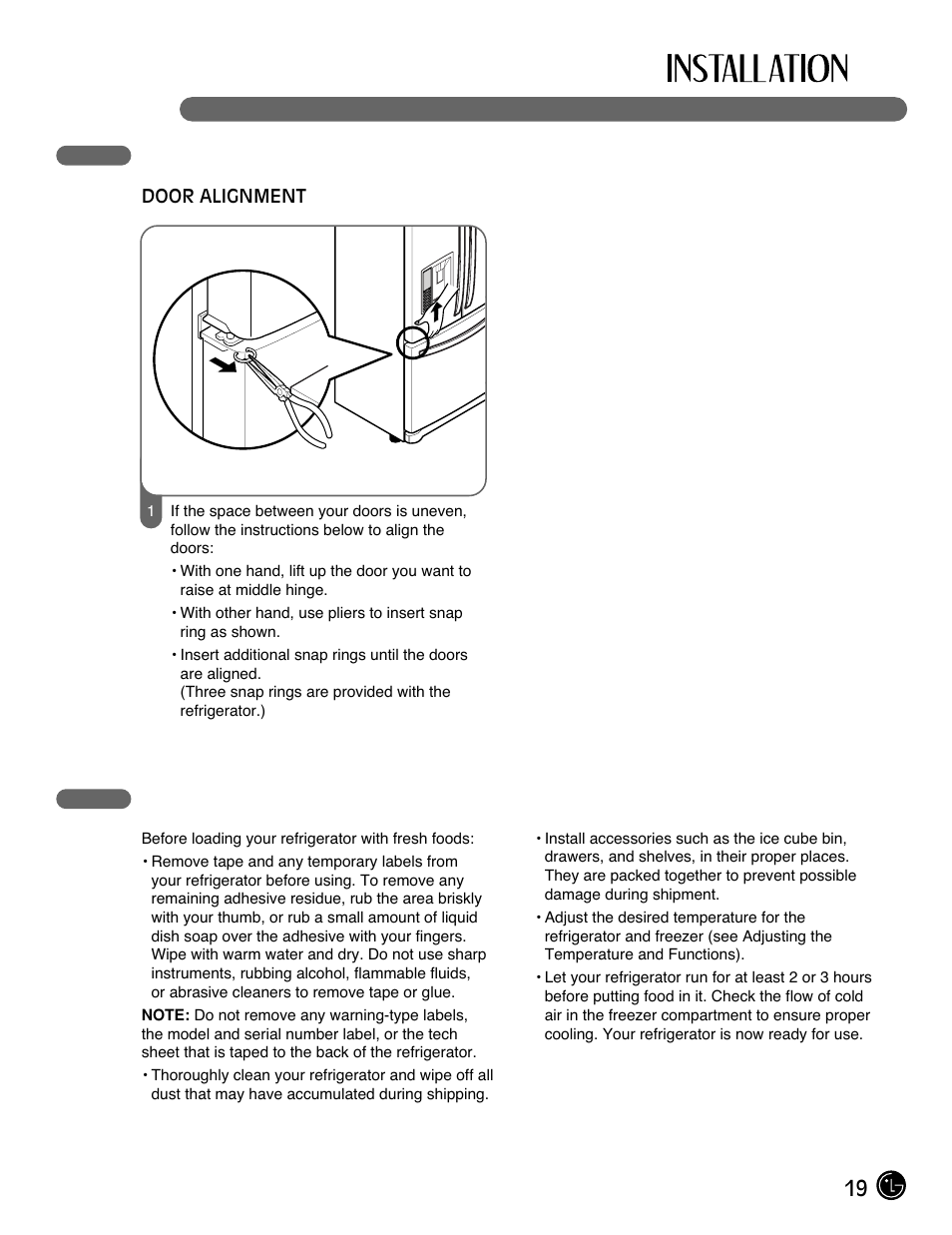 19 leveling the refrigerator doors, Starting | LG LFX25971ST User Manual | Page 19 / 44