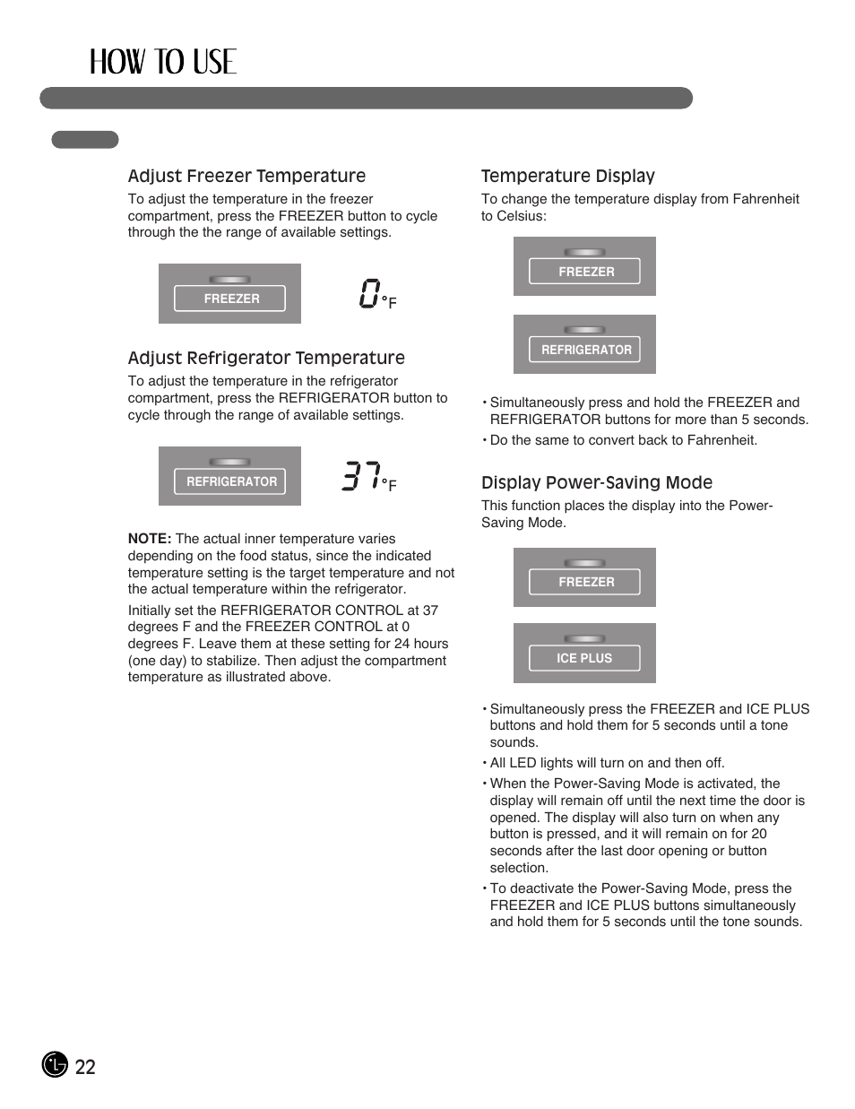 22 adjusting the temperatures and display | LG LFX25971ST User Manual | Page 22 / 44