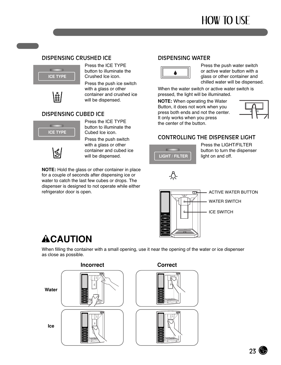 Wcaution, 23 operating the dispenser | LG LFX25971ST User Manual | Page 23 / 44