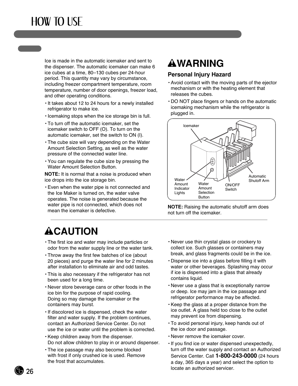 Wwarning, Wcaution, 26 automatic icemaker | LG LFX25971ST User Manual | Page 26 / 44