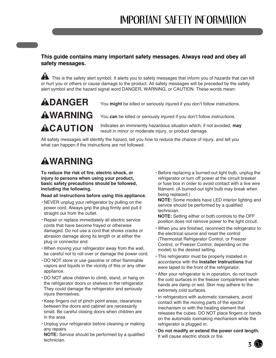Wdanger, Wwarning, Wcaution | LG LFX25971ST User Manual | Page 3 / 44
