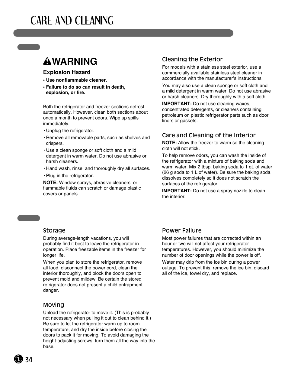 Wwarning, 34 cleaning the refrigerator, General information | LG LFX25971ST User Manual | Page 34 / 44