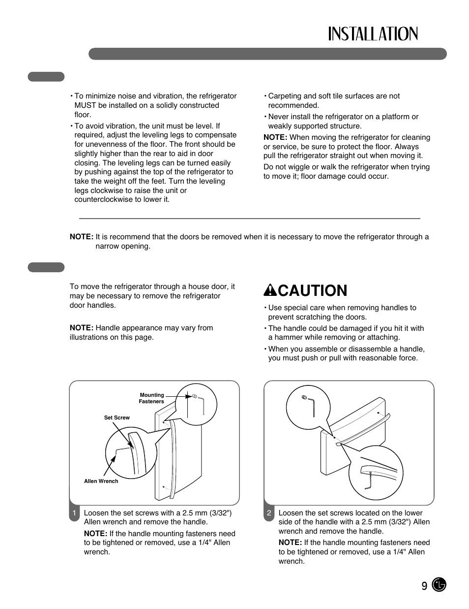Wcaution, 9flooring, Handle removal | LG LFX25971ST User Manual | Page 9 / 44