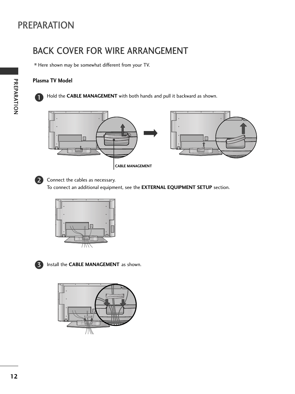 Back cover for wire arrangement, Plasma tv model, Preparation | LG 50PC5D-UC User Manual | Page 14 / 94