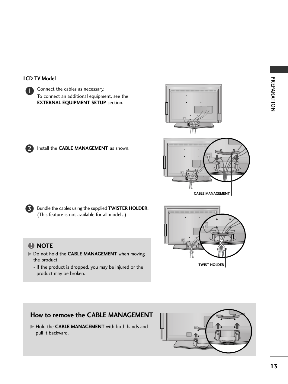 Lcd tv model, How to remove the cable management | LG 50PC5D-UC User Manual | Page 15 / 94