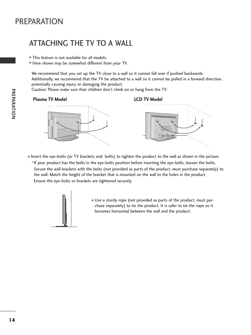 Attaching the tv to a wall, Preparation | LG 50PC5D-UC User Manual | Page 16 / 94