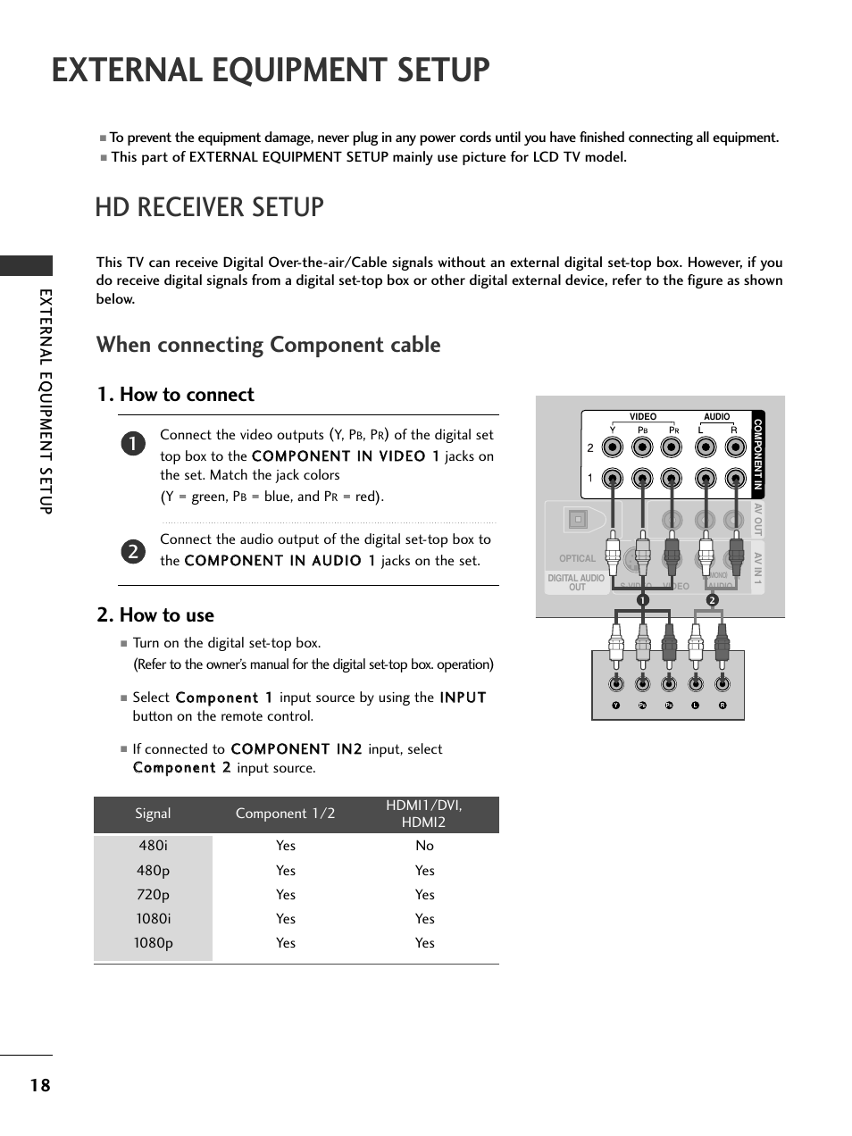 External equipment setup, Hd receiver setup, When connecting component cable | How to connect, How to use, External eq uipment setup | LG 50PC5D-UC User Manual | Page 20 / 94