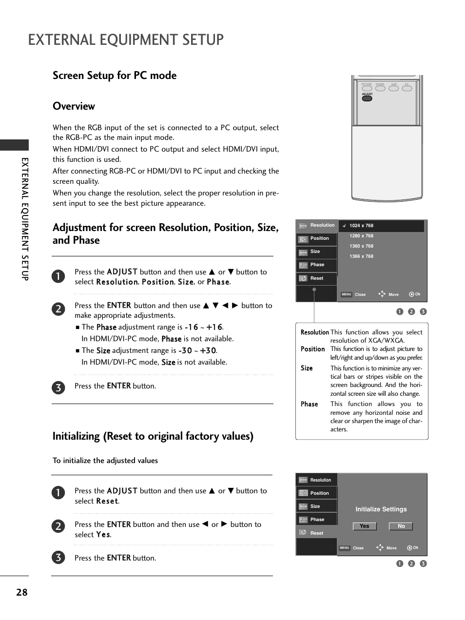 Screen setup for pc mode, External equipment setup, Screen setup for pc mode overview | Initializing (reset to original factory values), External eq uipment setup | LG 50PC5D-UC User Manual | Page 30 / 94