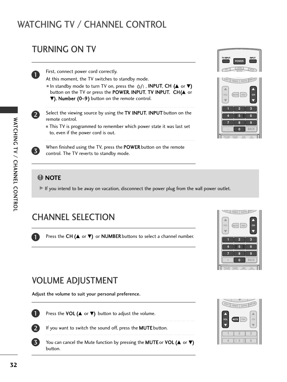 Turning on tv, Channel selection, Volume adjustment | Watching tv / channel control, Volume adjustment channel selection, Watching tv / channel contr ol | LG 50PC5D-UC User Manual | Page 34 / 94