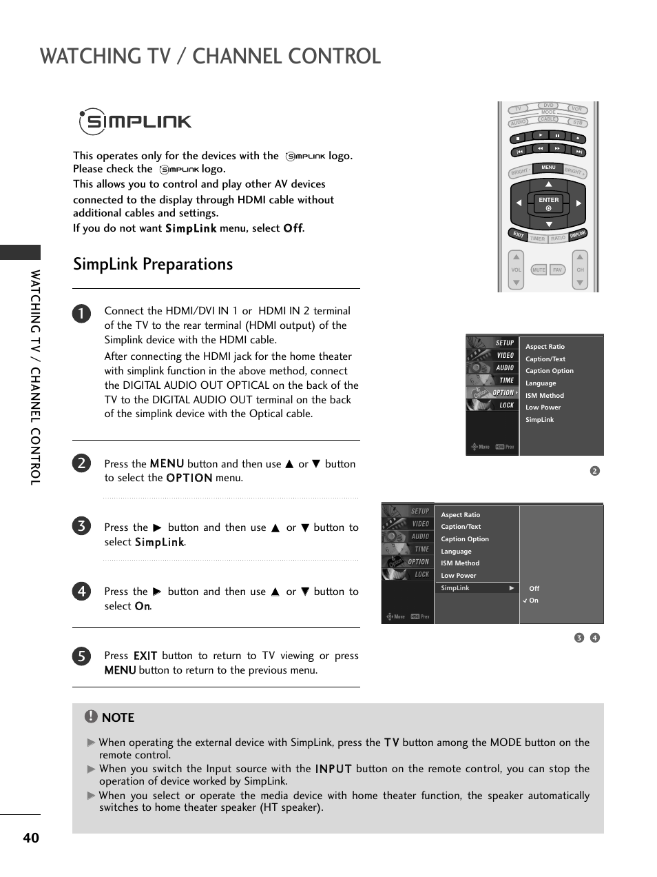 Simplink, Simplink preparations, Watching tv / channel control | Watching tv / channel contr ol | LG 50PC5D-UC User Manual | Page 42 / 94