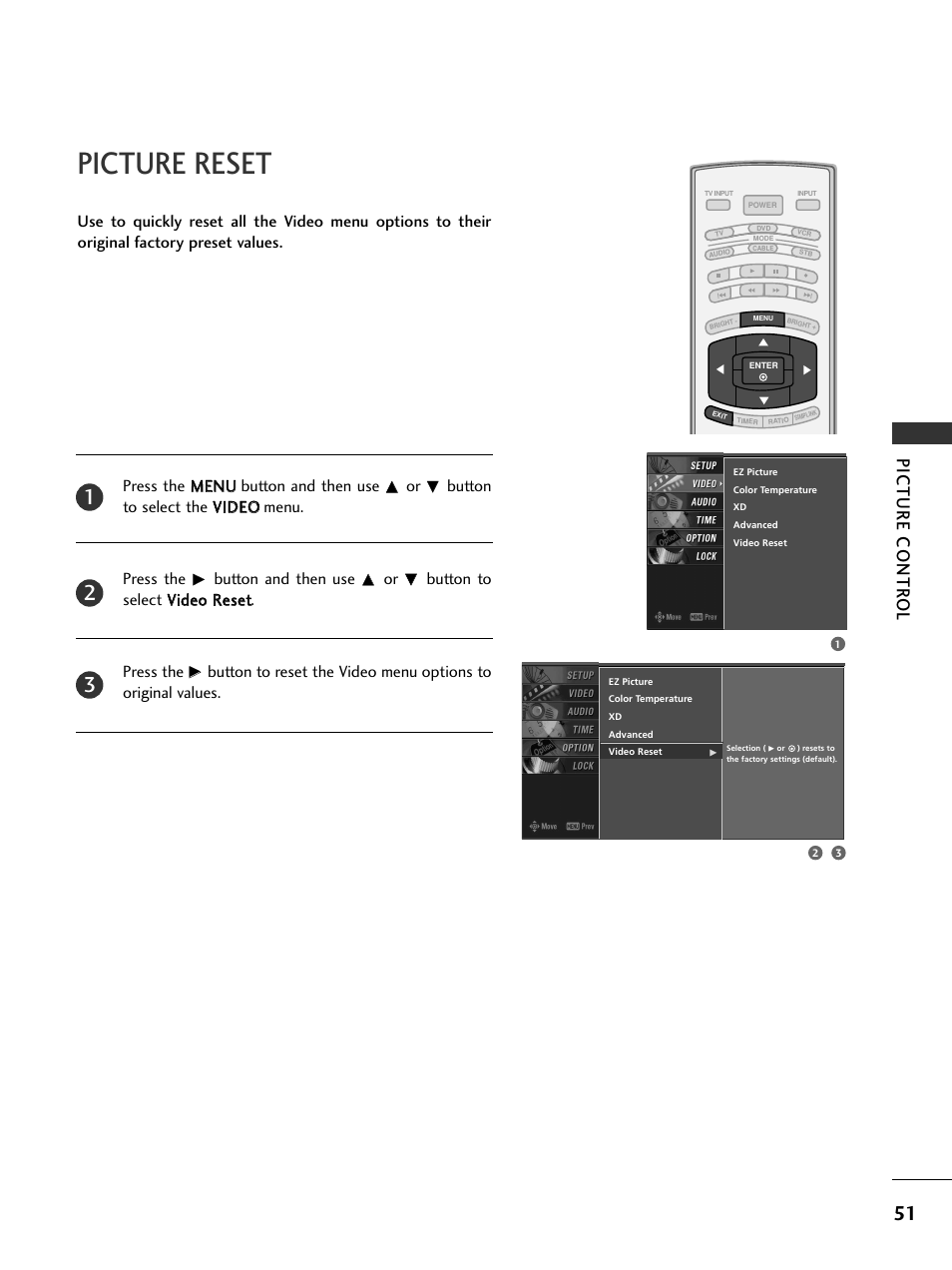 Picture reset, Picture contr ol, Press the m meen nu u button and then use | Button to select the v viid deeo o menu. press the, Button and then use | LG 50PC5D-UC User Manual | Page 53 / 94